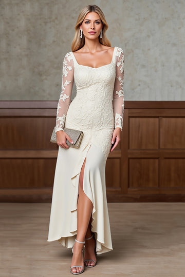 Champagne Mermaid Satin Long Mother of the Bride Dress with Sleeves